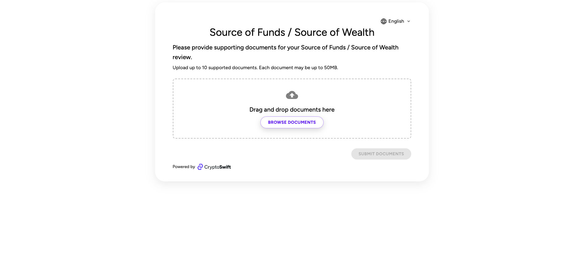 Source of Funds and Source of Wealth document upload screen